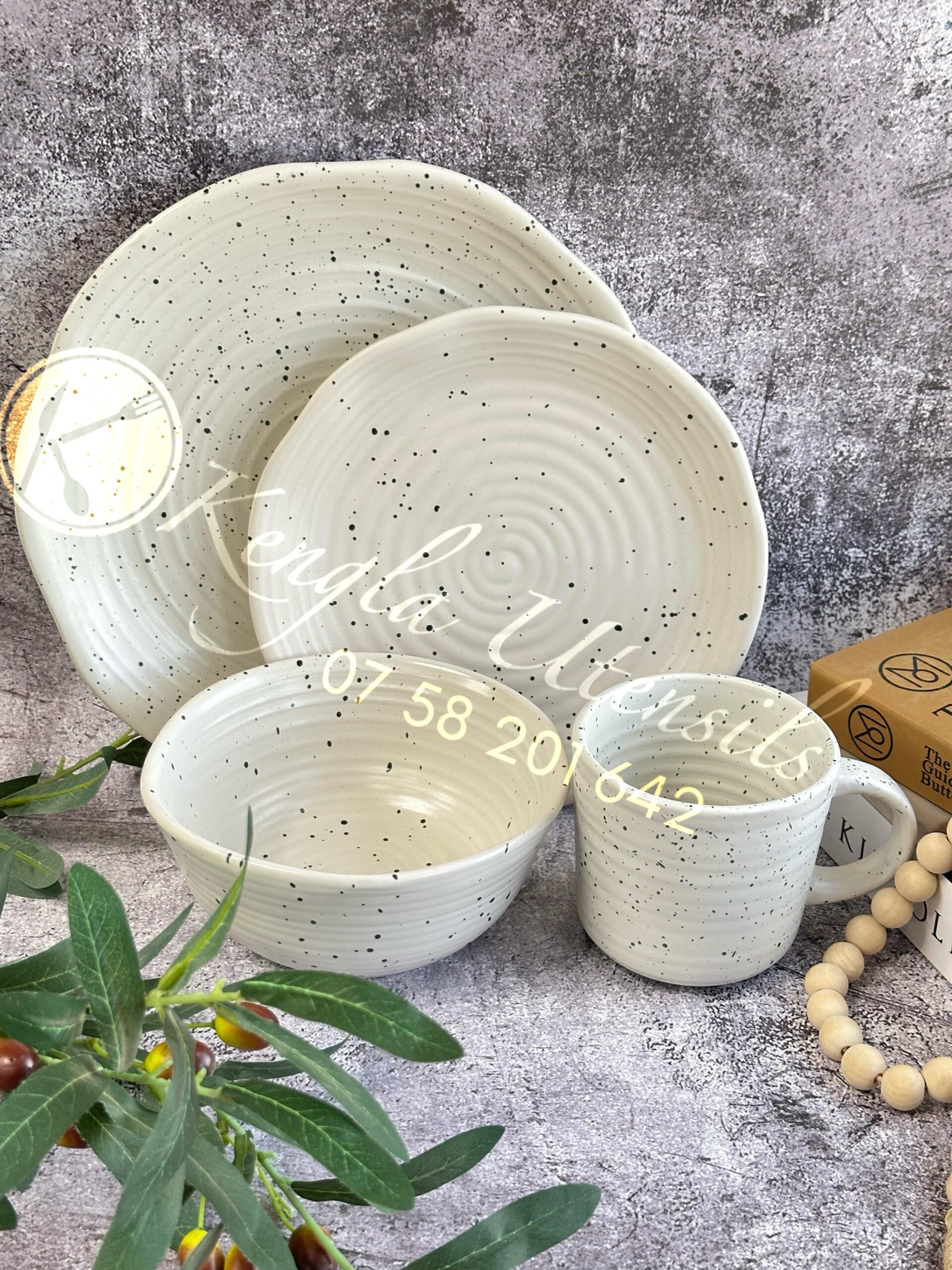 24-Piece WHITE IRREGULAR WITH BLACK SPLASHES Service for 6 Ceramic Dinnerware Set.