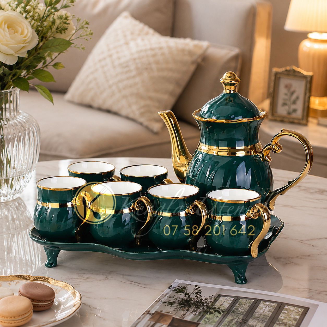 6 PIECE LUXURY EMERALD GREEN TEA SET WITH GOLD ACCENTS.