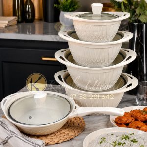 10pc Cream Marble Coated Non stick cooking pots.