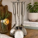Stainless Steel Kitchen Utensil Set with Holder 6 Piece Serving Spoons - Silver