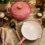 3PC ENAMEL CAST IRON COOKWARE SET – 28CM CASSEROLE & SKILLET - PINK