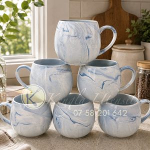Set of 6 Blue Ceramic Marble Pot mugs.