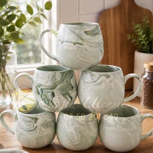 Set of 6 Green Ceramic Marble Pot mugs.
