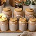 7pc Brown Rustic Vintage Ceramic Canister Set with Wooden Stand and Leather Handles