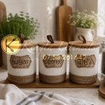 Set of 3 Rustic Vintage White Tea Sugar and Coffee Ceramic Cannister Set.