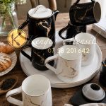 1.3L Nordic-style ceramic coffee and tea set with a black-and-white marble pattern with gold trim accents.