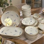 32PC Blue Flowers White Gold Rim Premium Ceramic Dinner Set with Shine Finish and Elegant Ribbed Texture.