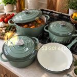 7Pc Enamel Cast Iron Cooking Pot Set Durable Heavy Duty Cookware with Lids. - OLIVE GREEN