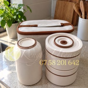3-in-1 insulated stainless steel lunch box set with a thermal carry bag. CREAM