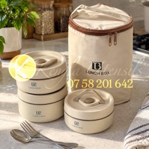3-in-1 insulated stainless steel lunch box set with Cutlery and a thermal carry bag. CREAM